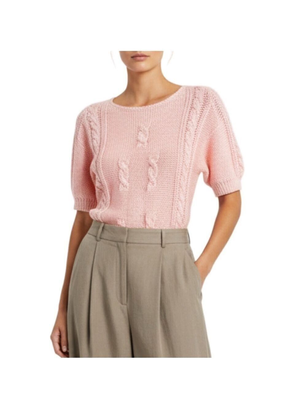 Vtg 80s 90s pale pink short sleeve cable knit short sleeve knit sweater top S